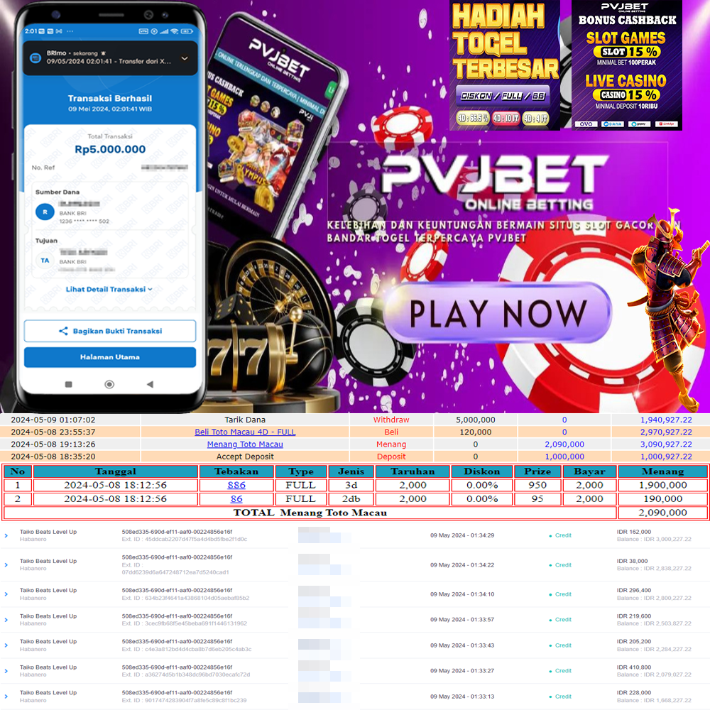 JACKPOT PERMAINAN TOGEL 3D&2D SLOT HABANERO “TAIKO BEATS LEVEL UP / TOTO MACAU” 5JT