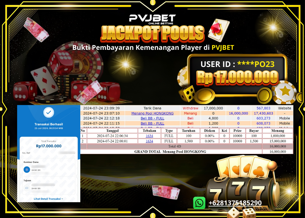 Bukti Pembayaran Kemenangan Player di PVJBET (6)