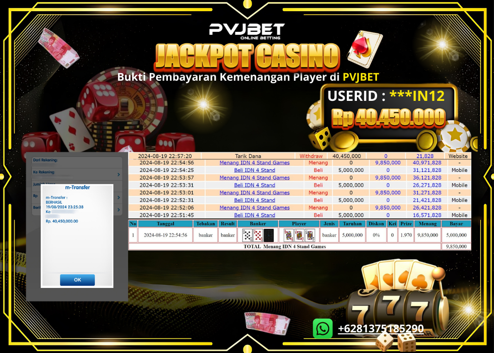 PVJBET JACKPOT KEMENANGAN LIVE CASINO “IDN 4 STAND” 40 JTAN