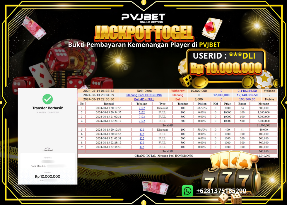 pvjbet JACKPOT KEMENANGAN TOGEL ONLINE “TOGEL HONGKONG ” 10 JT